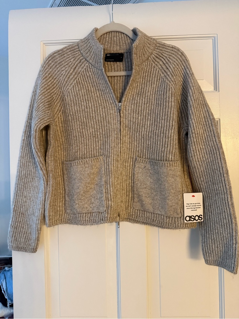 ASOS Heather Tan Ribbed Zip-Up Pocket Cardigan